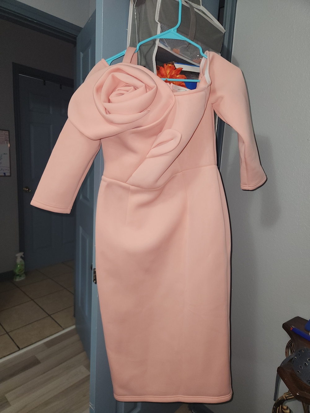 Blush Pink Long-Sleeve Rose Applique Midi Dress